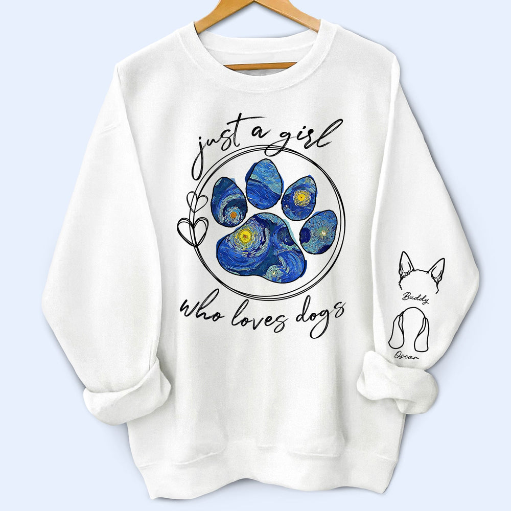 Just A Girl Who Loves Dogs Cats Night Sky - Birthday, Loving Gift For Dog Lover, Cat Mom, Pet Mum - Personalized Unisex Sweatshirt With Design On Sleeve
