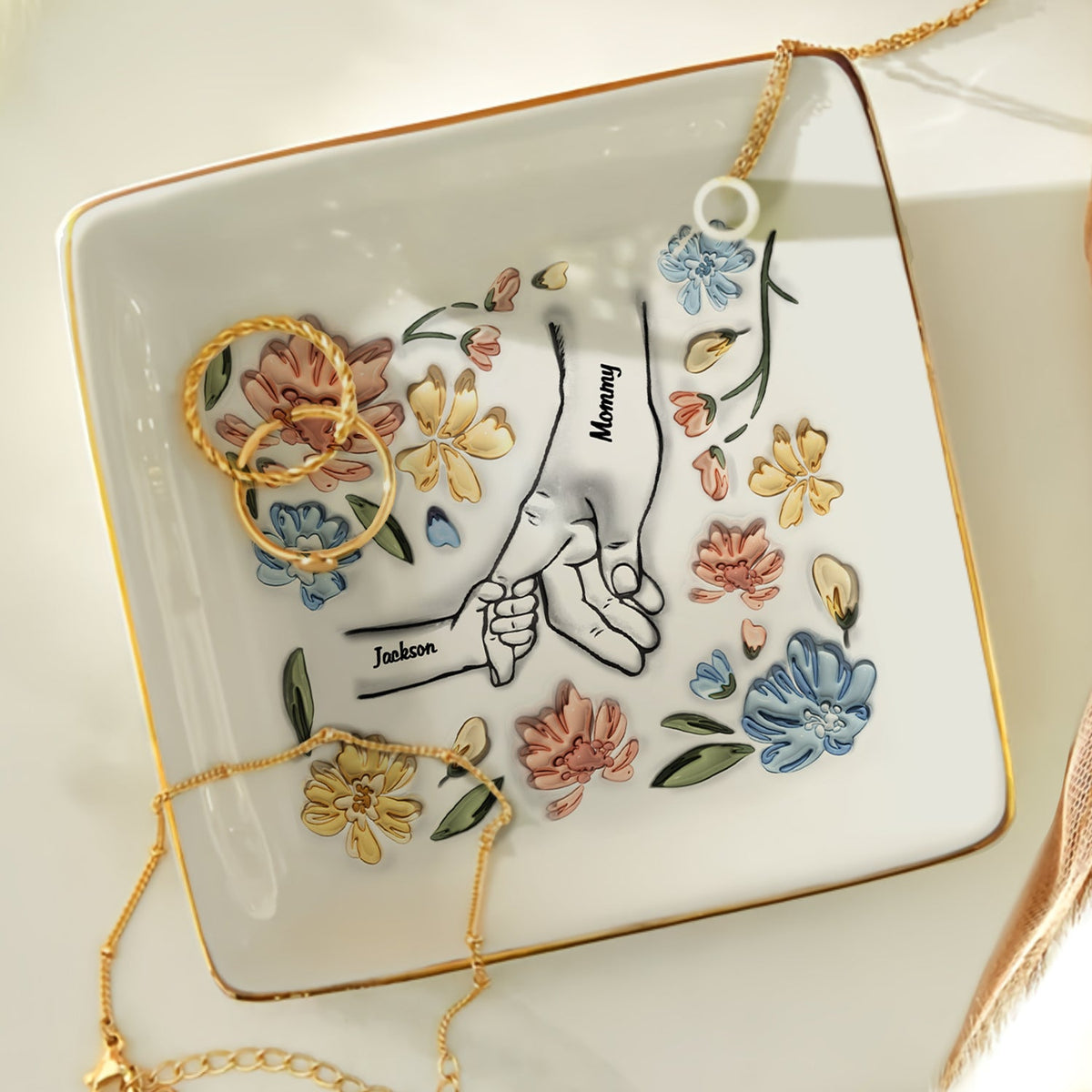 Hand In Hand, I Will Always Protect You - Gift For Mom, Grandma - 3D Inflated Effect Printed Dish, Personalized Ring Dish