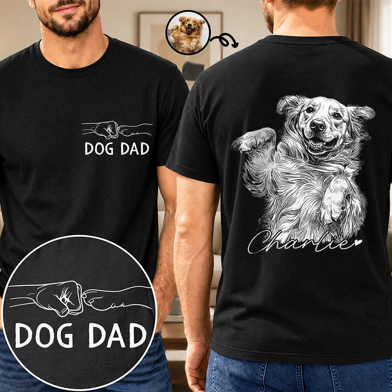 Pet Lovers,Pet Mom,Pet Dad,Cat Lovers,Cat Mom,Cat Dad,Dog Lovers,Dog Mom,Dog Dad,Non-Eng,Photo - Pencil Sketch (Dark BG),Adorable - Custom Photo White Pencil Sketch Art Dog Dad Dog Mom Hand Punch - Personalized T Shirt
