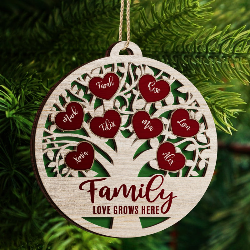 Love Grows Here - Christmas, Birthday, Anniversary, Holiday Gift For Family, Parents, Grandparents - Personalized 2-Layered Wooden Ornament
