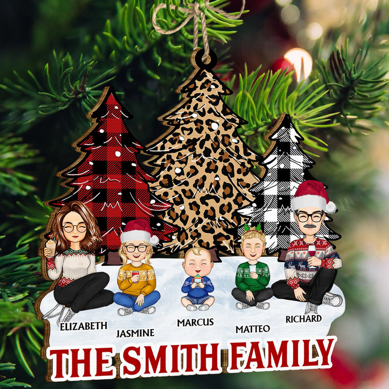 Leopard Checkered Pattern Christmas Tree Family - Xmas Gift For Parent, Grandparent, Sibling - Personalized Wooden Cutout Ornament