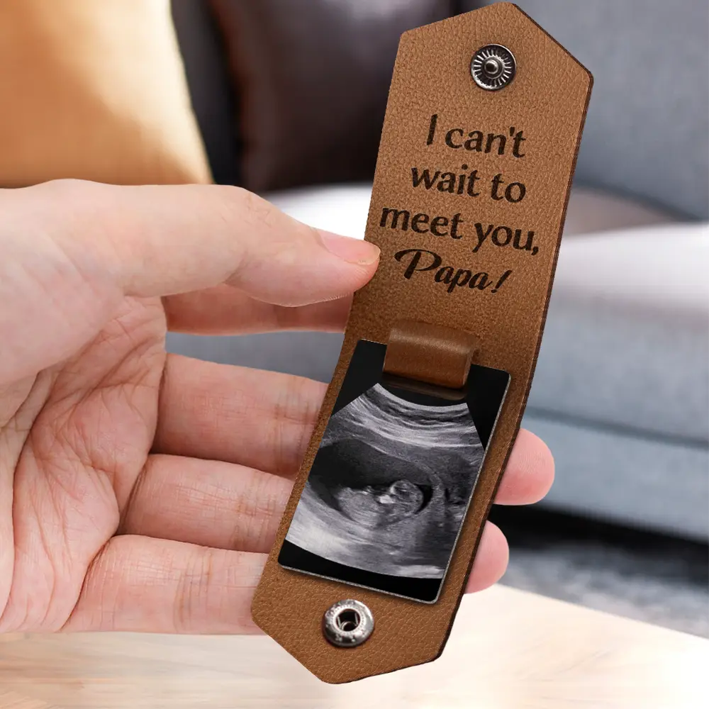 Custom Photo Daddy I Can't Wait To Meet You - Personalized Leather Photo Keychain