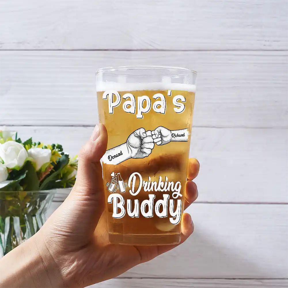 Daddy Drinking Buddy Funny Baby And Dad - Personalized Beer Glass