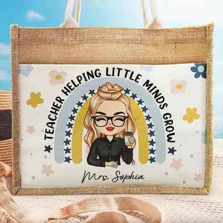 Teacher Helping Little Minds Grow - Personalized Jute Tote Bag