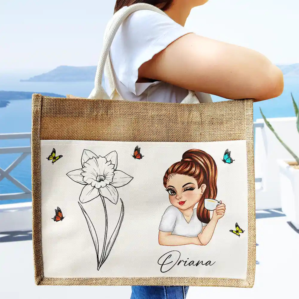 Line Wild Flower Cartoon Woman - Personalized Jute Tote Bag