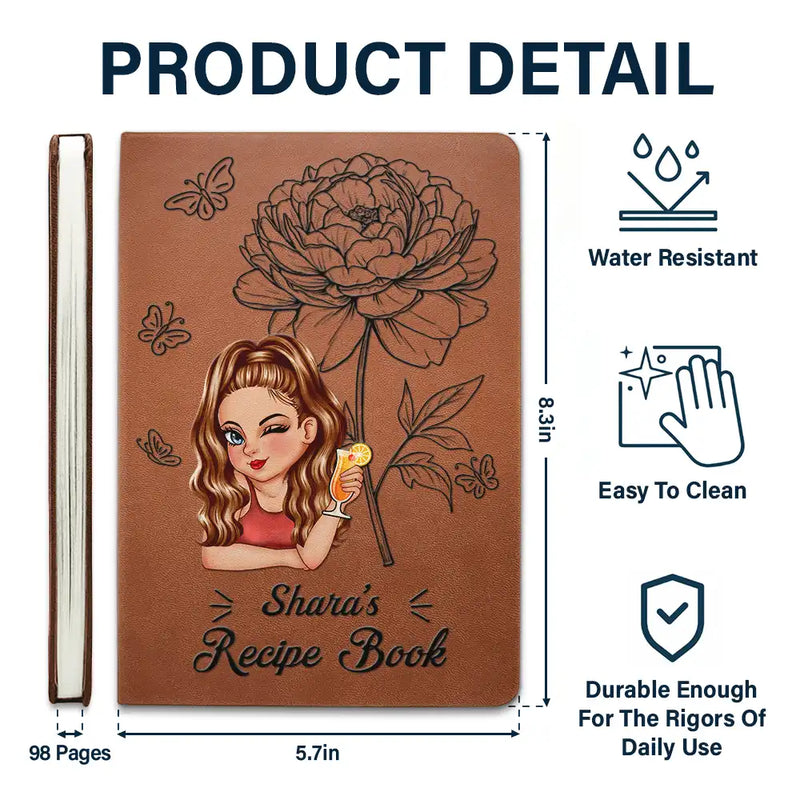 Birth Month Flowers Sketch Cooking Recipe Book - Personalized Leather Journal
