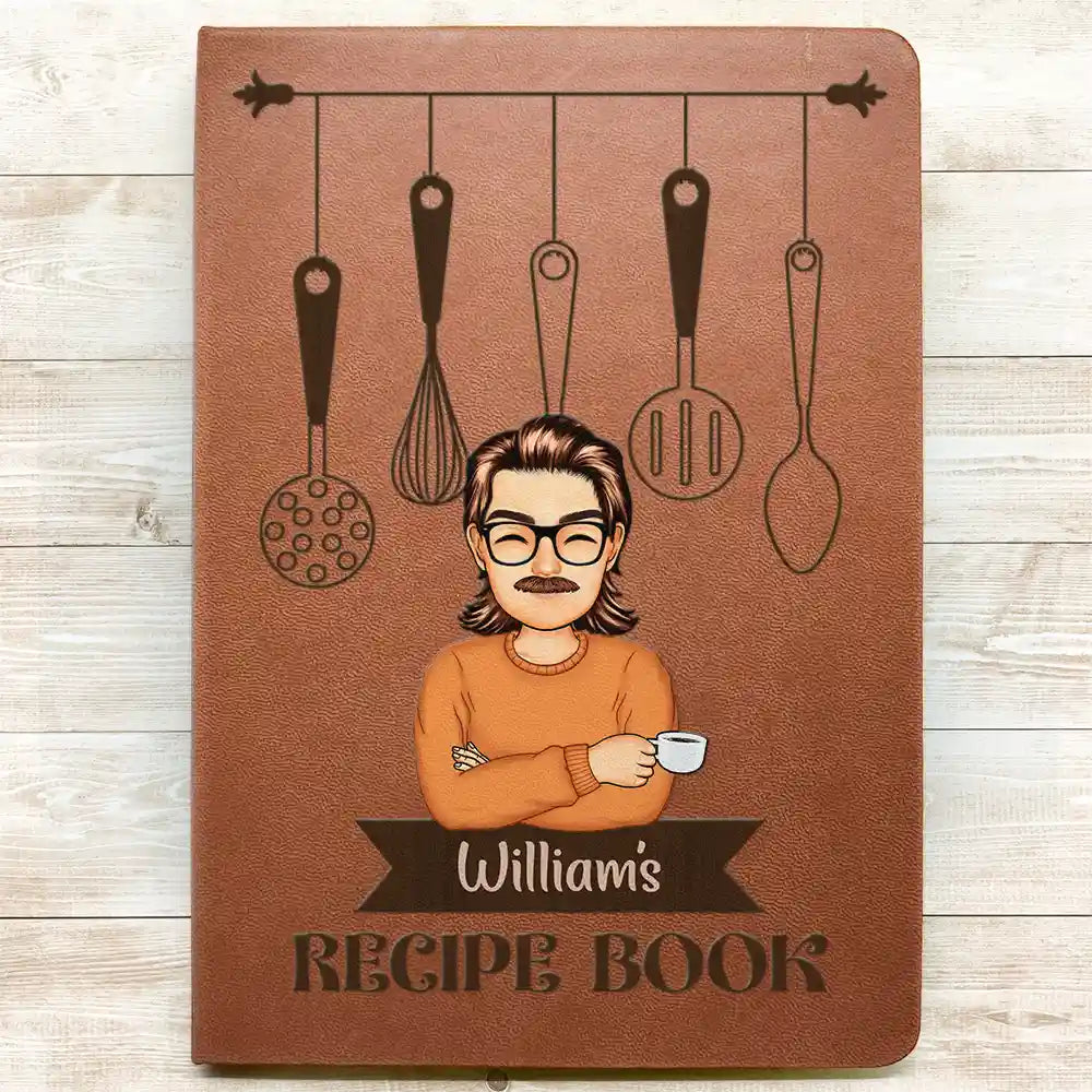 Cartoon Man Recipe CookBook - Personalized Leather Journal