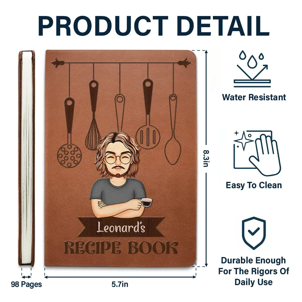 Cartoon Man Recipe CookBook - Personalized Leather Journal