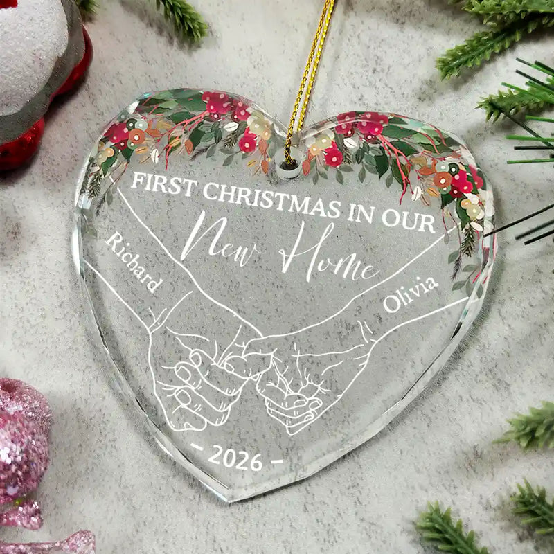 Holding Hands First Christmas Couple - Personalized Heart Shaped Glass Ornament