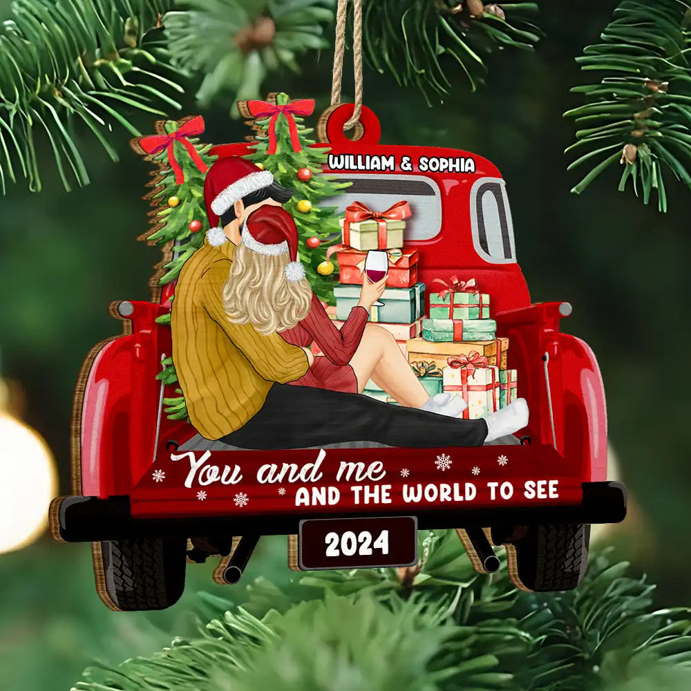 Gift For Couples - Side Sitting Couple You And Me And The World To See - Personalized Custom Shaped Wooden Ornament