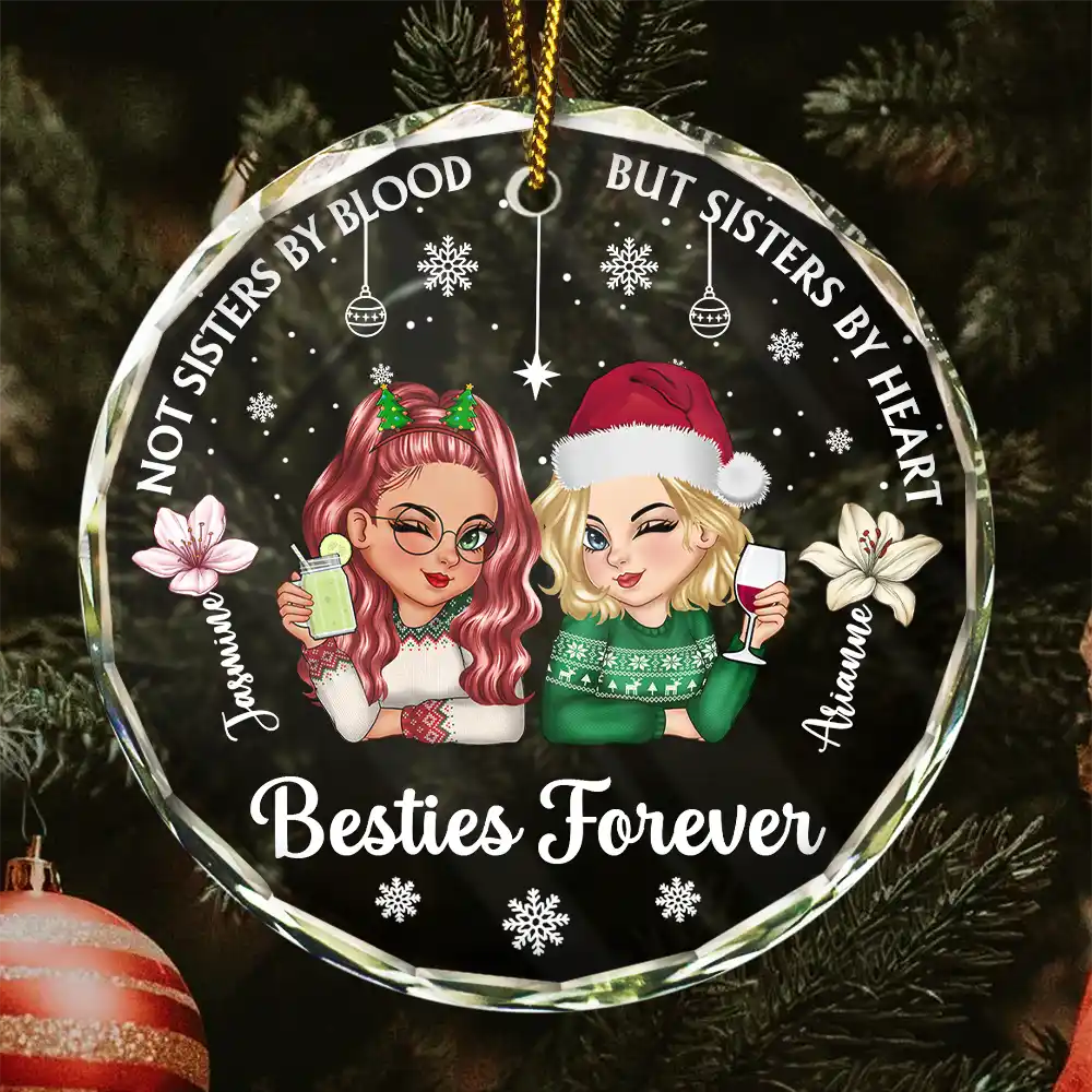 Birth Flower Not Sisters By Blood But Sisters By Heart - Personalized Circle Glass Ornament