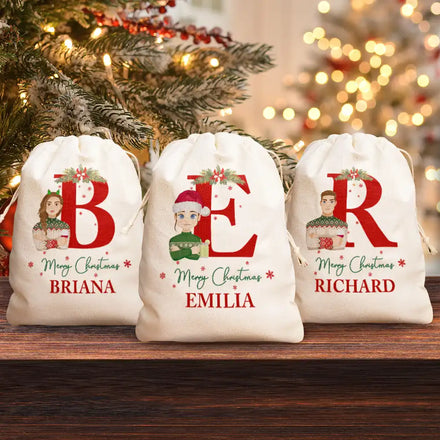 Monogram Merry Christmas Flat Art Family - Personalized Favor Bag