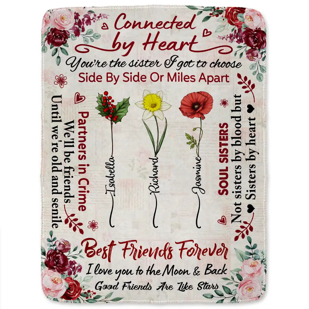 Gift For Bestie - Birth Flower Besties Connected By Heart - Personalized Fleece Blanket, Sherpa Blanket