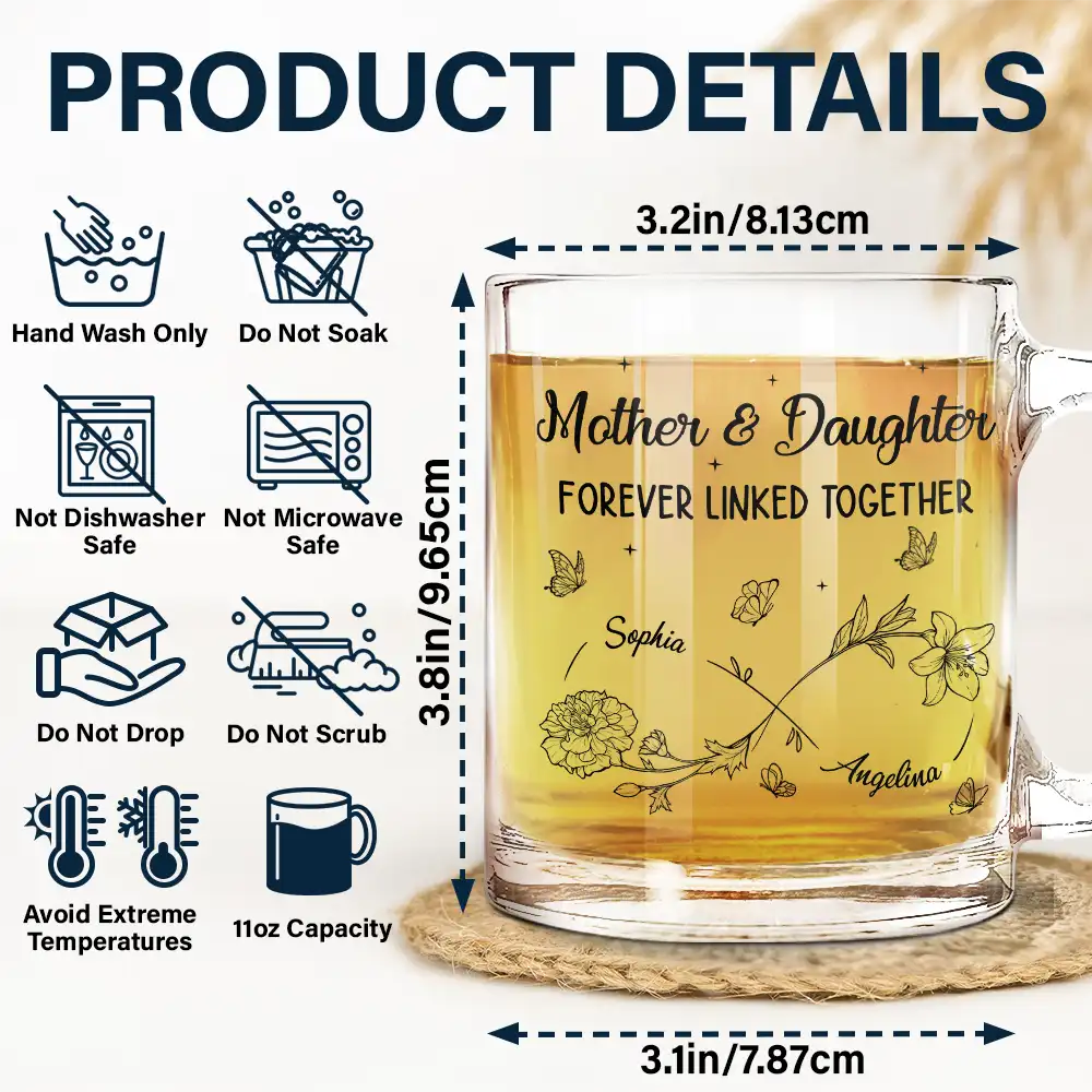 Gift For Mother,Gift For Daughter,Mom,Daughters - Infinity Flower Mother And Daughter Forever Linked Together - Personalized Glass Mug