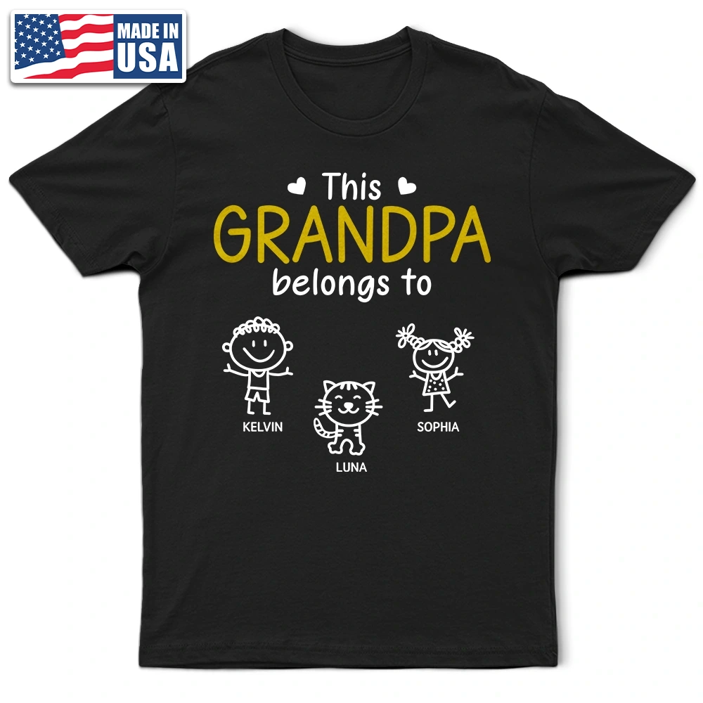 Gift For Father,Gift For Grandpa,Grandpa - Grandkids,Happy,Non-Eng,Icon,Proud - This Grandad Belongs To Kid Stick Figures - Personalised T Shirt