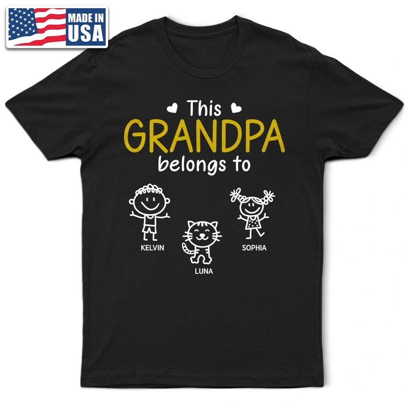 Gift For Father,Gift For Grandpa,Grandpa - Grandkids,Happy,Non-Eng,Icon,Proud - This Grandad Belongs To Kid Stick Figures - Personalised T Shirt