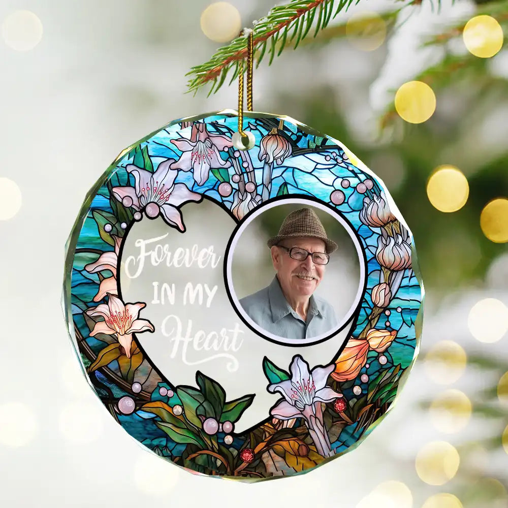 Custom Photo Christmas Forever In Our Hearts - Personalized Circle Glass Ornament