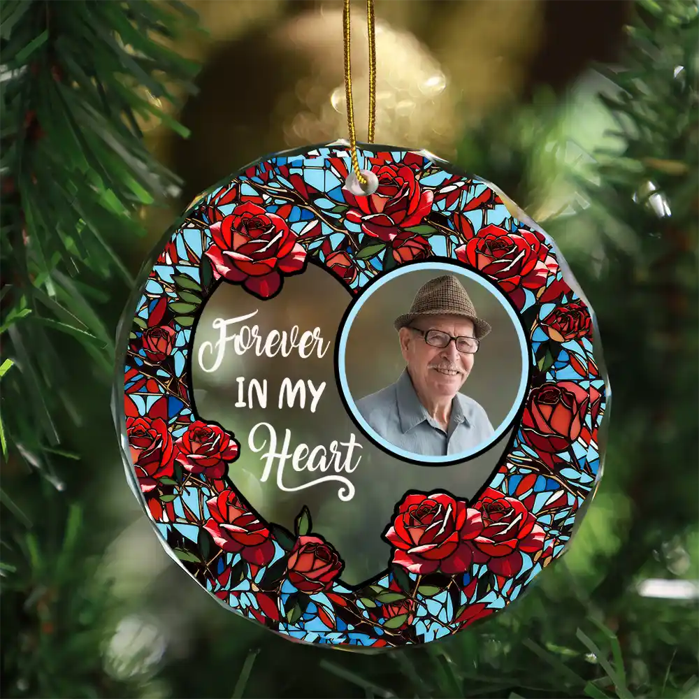 Custom Photo Christmas Forever In Our Hearts - Personalized Circle Glass Ornament
