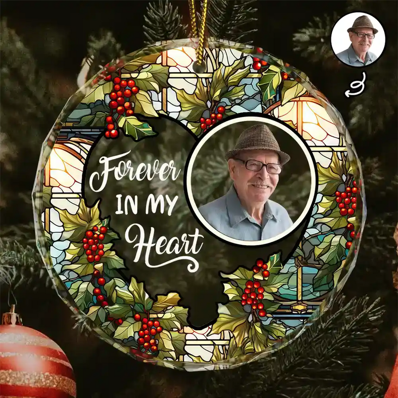 Custom Photo Christmas Forever In Our Hearts - Personalized Circle Glass Ornament