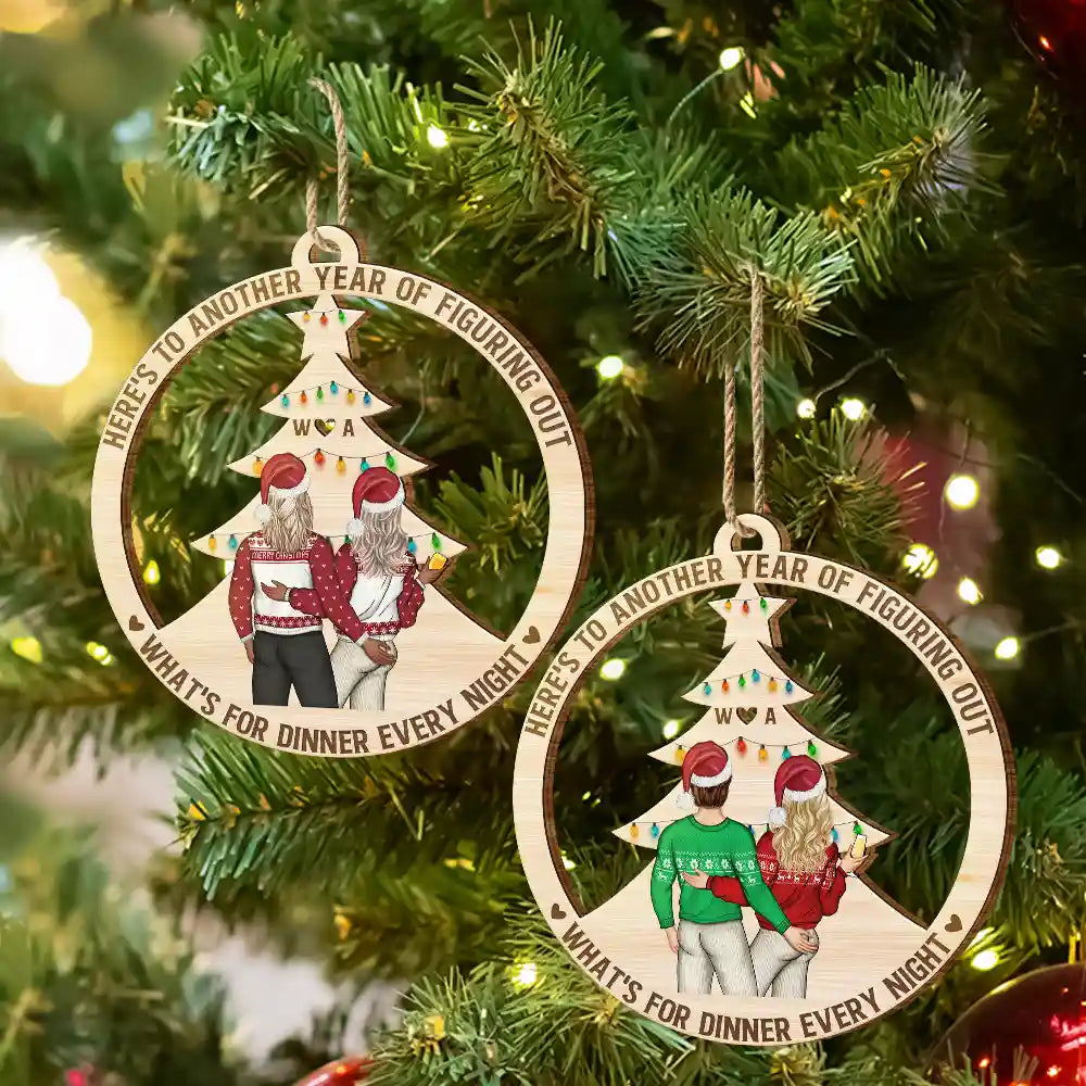 Gift For Couples - Christmas Couple Figuring Out Dinner - Personalized Wooden Cutout Ornament