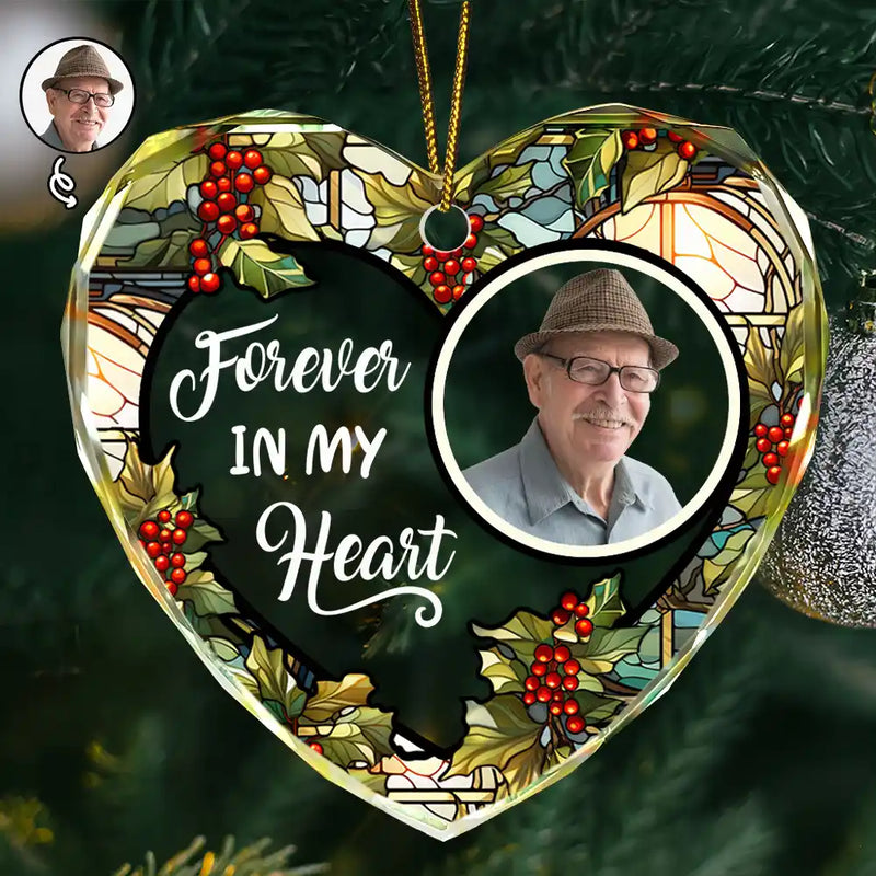 Memorial,Custom Photo,Sad,Christmas,Gift For Husband,Gift For Wife,Gift For Grandma,Gift For Mother,Gift For Father,Gift For Grandpa,Gift For Grandparents,Parents,Gift For Daughter,Gift For Son,Gift For Sibling,Gift For Sisters,Gift For Brothers,Family - Custom Photo Floral Forever In Our Hearts - Personalized Heart Shaped Glass Ornament