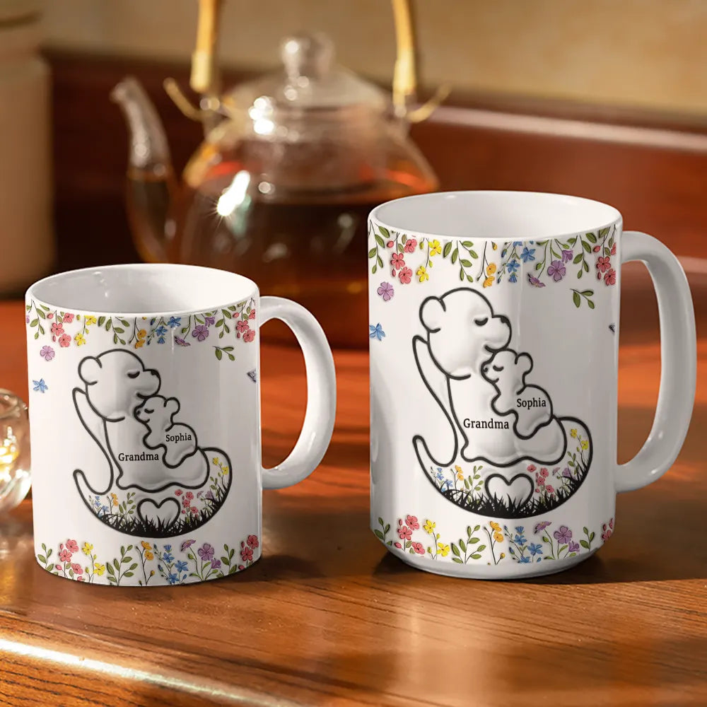 Gift For Grandma, Gift For Mother, Happy - Grandma Bear Floral - 3D Inflated Effect Printed Mug, Personalized White Edge-to-Edge Mug