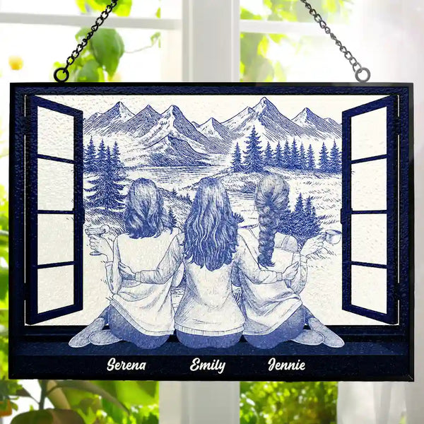 Gift For Bestie,Love - Mountain Cabin Window Toile Art Bestie - Personalized Horizontal Stained Glass Suncatcher