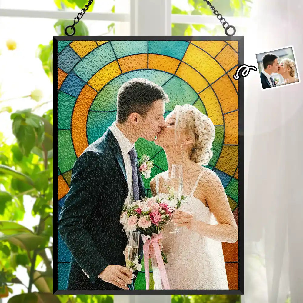 Custom Photo First Year Married Couple Wedding Anniversary Gift - Personalized Vertical Stained Glass Suncatcher