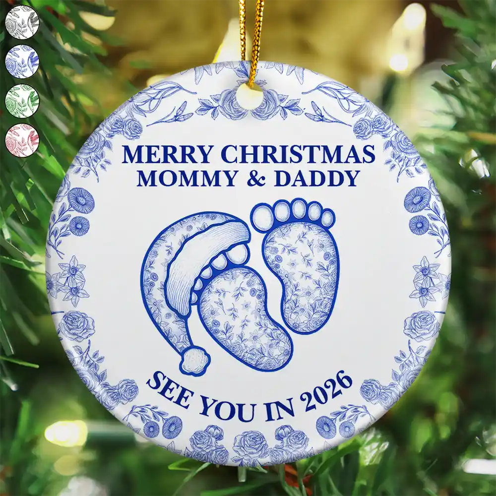 Baby Expecting See You In 2026 Toile Pattern - Personalized Circle Ceramic Ornament