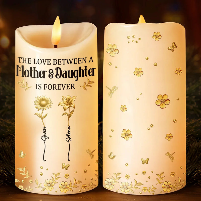 Gift For Women,Gift For Mother,Mom - Daughters (Adult),Mom - Daughters (Young),Gift For Daughter,Love - 3D Metal Effect Birth Month Flowers Mother And Daughters - Personalized Flameless LED Candle