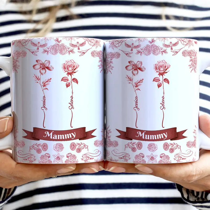 Gift For Yourself,Gift For Women,Gift For Mother,Gift For Grandma,Love - Toile De Jouy Birth Flowers For Grandma And Mom - Personalized White Edge-to-Edge Mug
