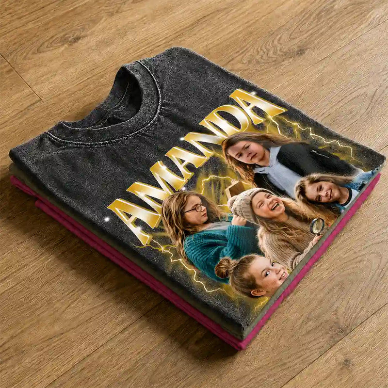 Custom Photo, Anniversary, Art Design, Gift For Couples, Playful,Photo Collage - Custom Photo Collage Bootleg Shirt Couple Bestie Family Portrait - Personalized Vintage Washed T Shirt
