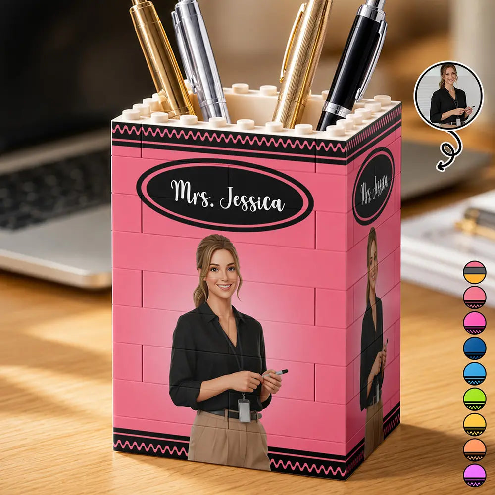 Custom Photo Cartoon Portrait Teacher With Colorful Crayon - Personalized Building Block Pen Holder