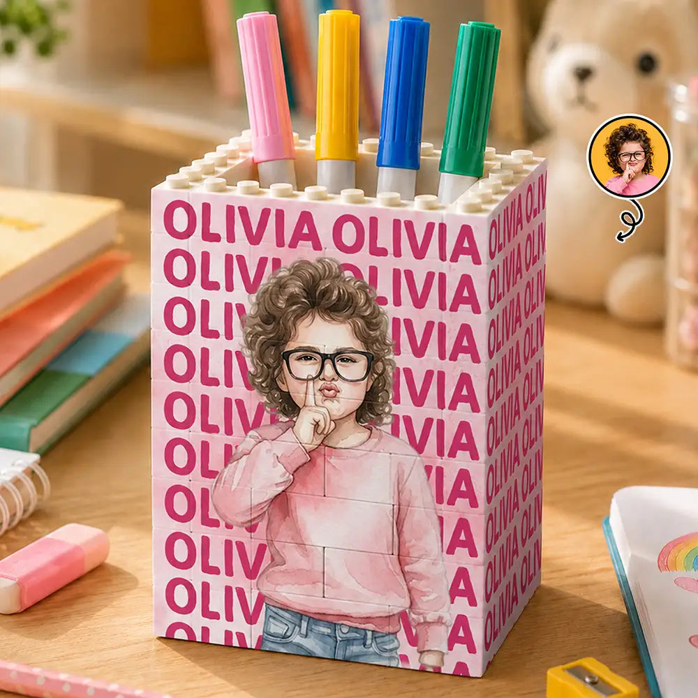 Custom Photo Realistic Watercolor Art Kid Portrait With Name - Personalized Building Block Pen Holder