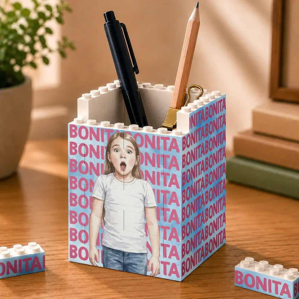 Adorable,Art Design,Back To School,Gift For Kids,Photo - Watercolor - Remove BG - Custom Photo Realistic Watercolor Art Kid Portrait With Name - Personalized Building Block Pen Holder