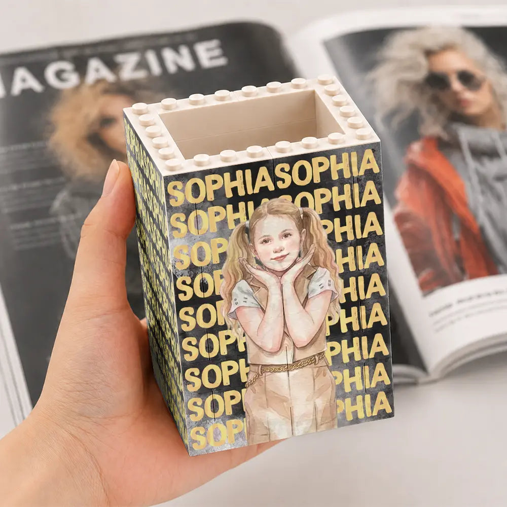 Adorable,Art Design,Back To School,Gift For Kids,Photo - Watercolor - Remove BG - Custom Photo Realistic Watercolor Art Kid Portrait With Name - Personalized Building Block Pen Holder