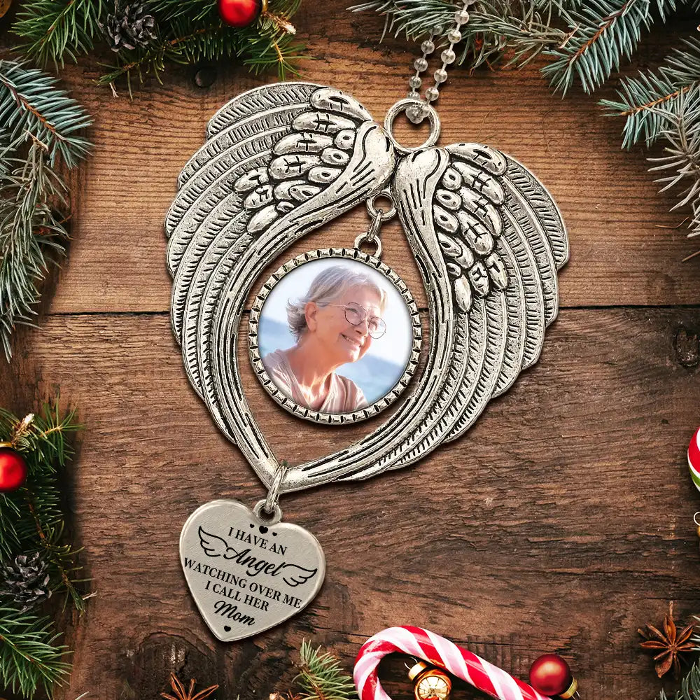 Christmas,Custom Photo,Sympathetic,Family,Memorial,Upload Full Photo - Custom Photo Memorial I Have An Angel Watching Over Me - Personalized Angel Wings Photo Ornament