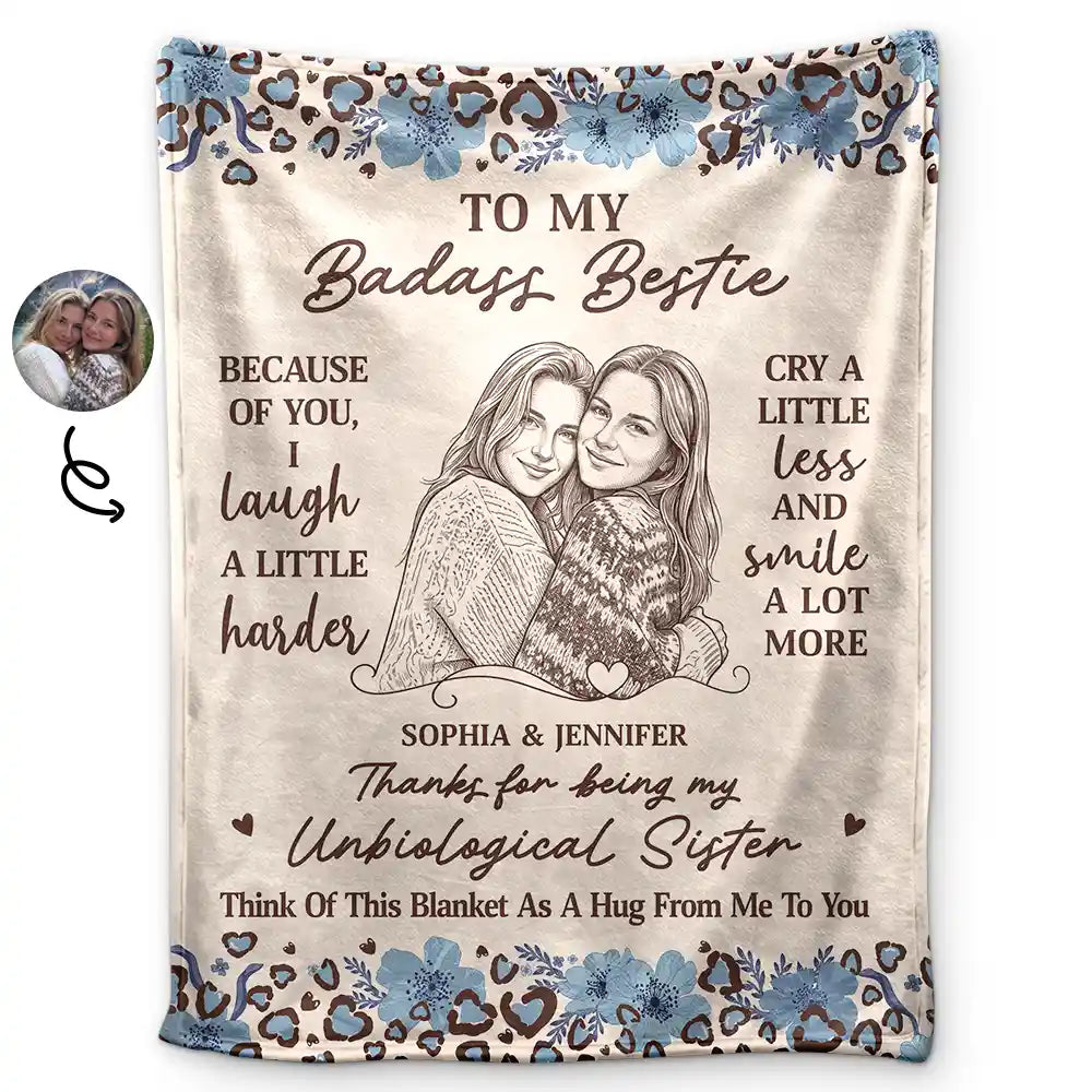 Custom Photo Ink Drawing Thanks For Being My Unbiological Sister - Personalized Fleece Blanket, Sherpa Blanket