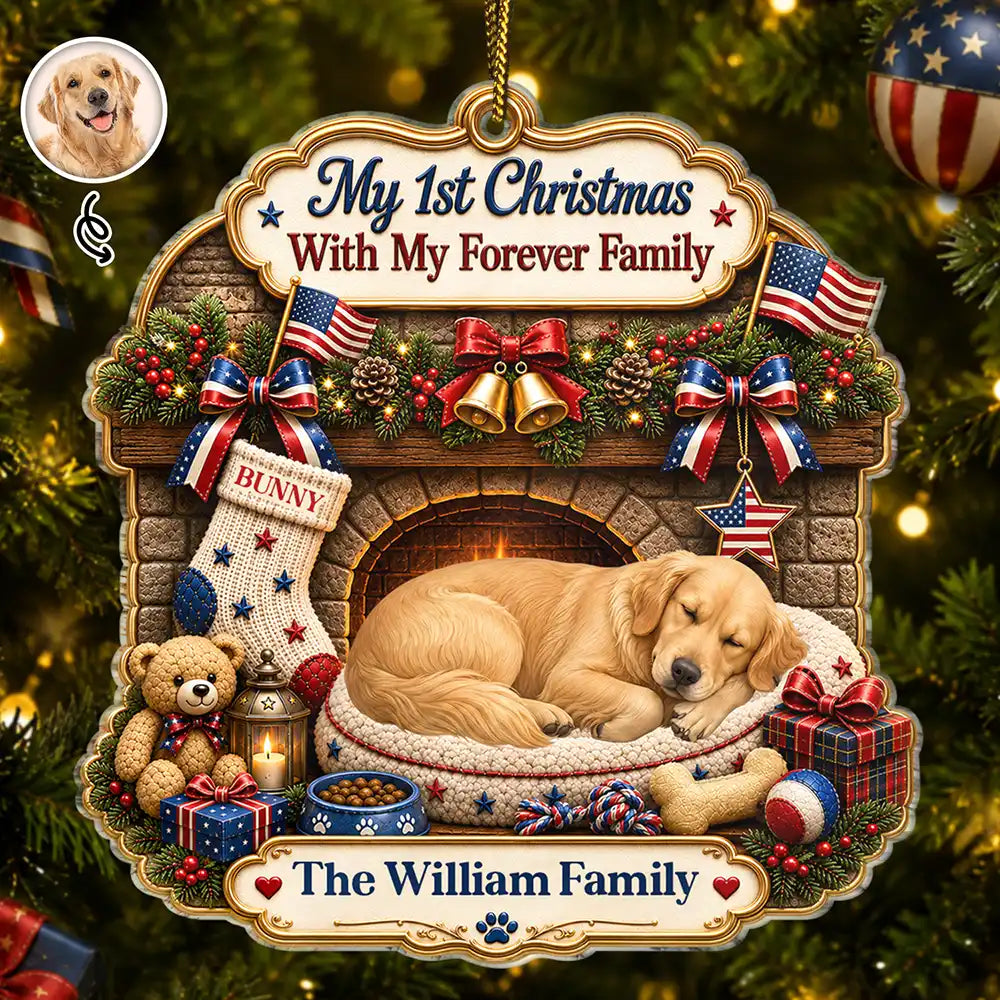 Custom Photo Sleeping Angel Adorable Dog Cat First Christmas With My Forever Family - Personalized Custom Shaped Acrylic Ornament