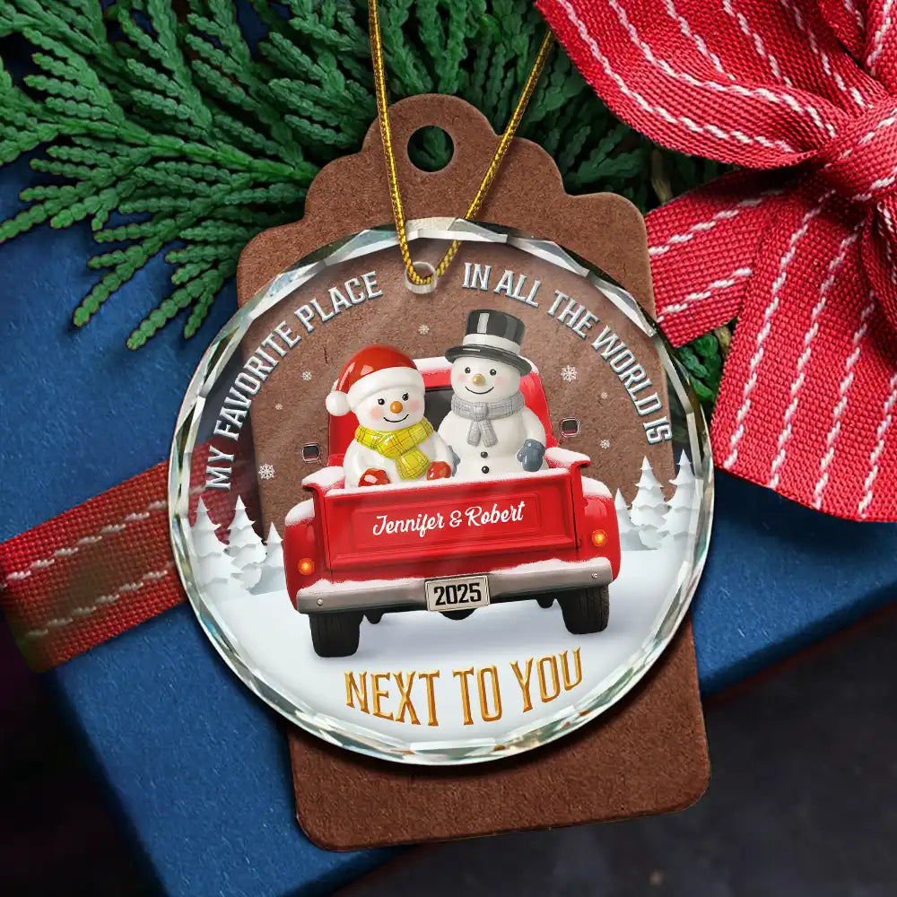 Gift For Couples,Old Couples,Gift For Women,Gift For Men,Gift For Husband,Gift For Wife,Love,Christmas,Gift For Boyfriend,Gift For Girlfriend - My Favorite Place In All The World Snowman Ceramic Effect - Personalized Circle Glass Ornament
