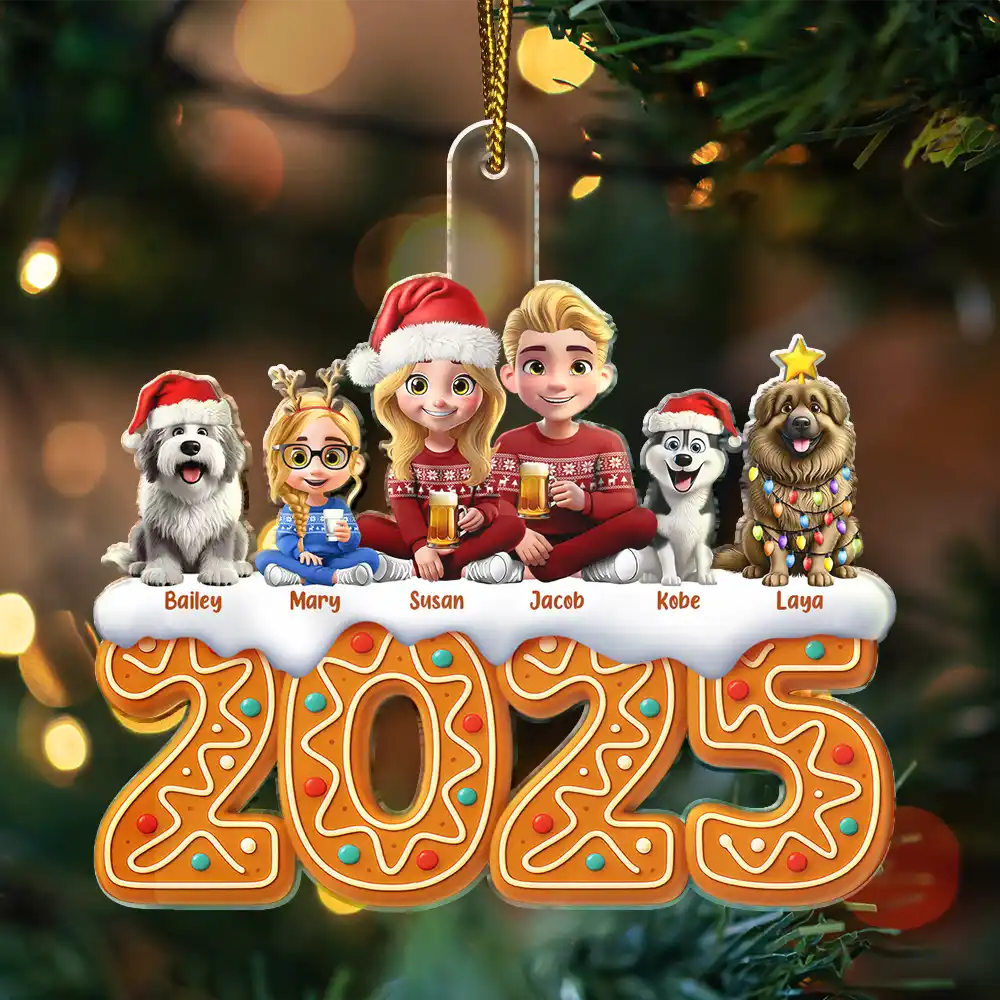 Family,Pet Lovers,Pet Mom,Pet Dad,Pet Couple,Dog Lovers,Dog Couple,Dog Mom,Dog Dad,Cat Lovers,Cat Mom,Cat Dad,Cat Couple,Happy,Christmas,Top Market - Christmas Gingerbread Family 3D Effect - Personalized Custom Shaped Acrylic Ornament
