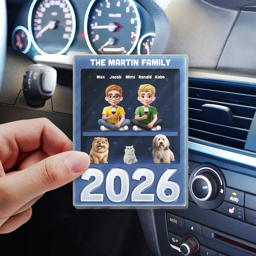 Family,Pet Lovers,Pet Mom,Pet Dad,Pet Couple,Dog Lovers,Dog Couple,Dog Mom,Dog Dad,Cat Lovers,Cat Mom,Cat Dad,Cat Couple,Happy,Single Mom,Single Dad,LGBT,Gift For Grandpa,Gift For Grandma,Gift For Grandkids - 3D Effect Cookies Family Sitting Together - Personalized Custom Shaped Acrylic Car Visor Clip
