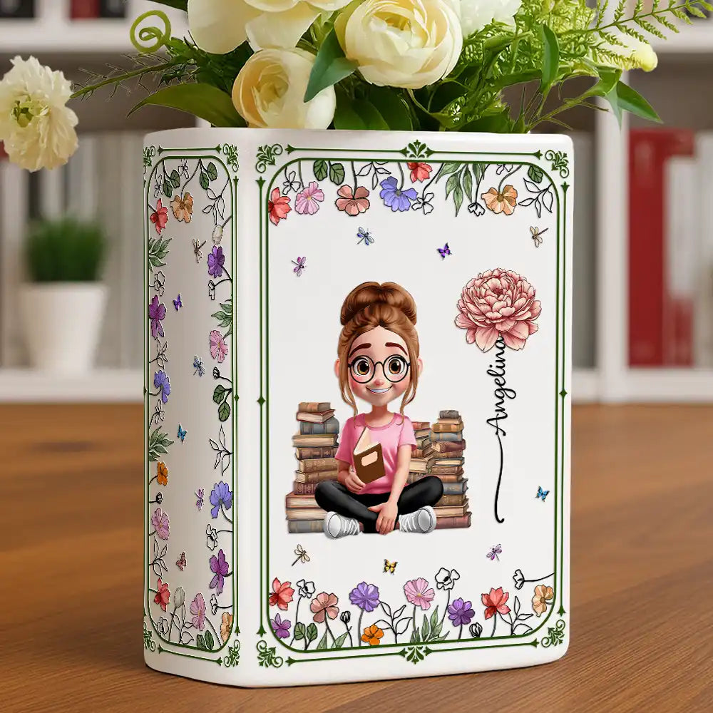 3D Effect Book Lovers Sitting With Birth Flowers - Personalized Ceramic Book Vase