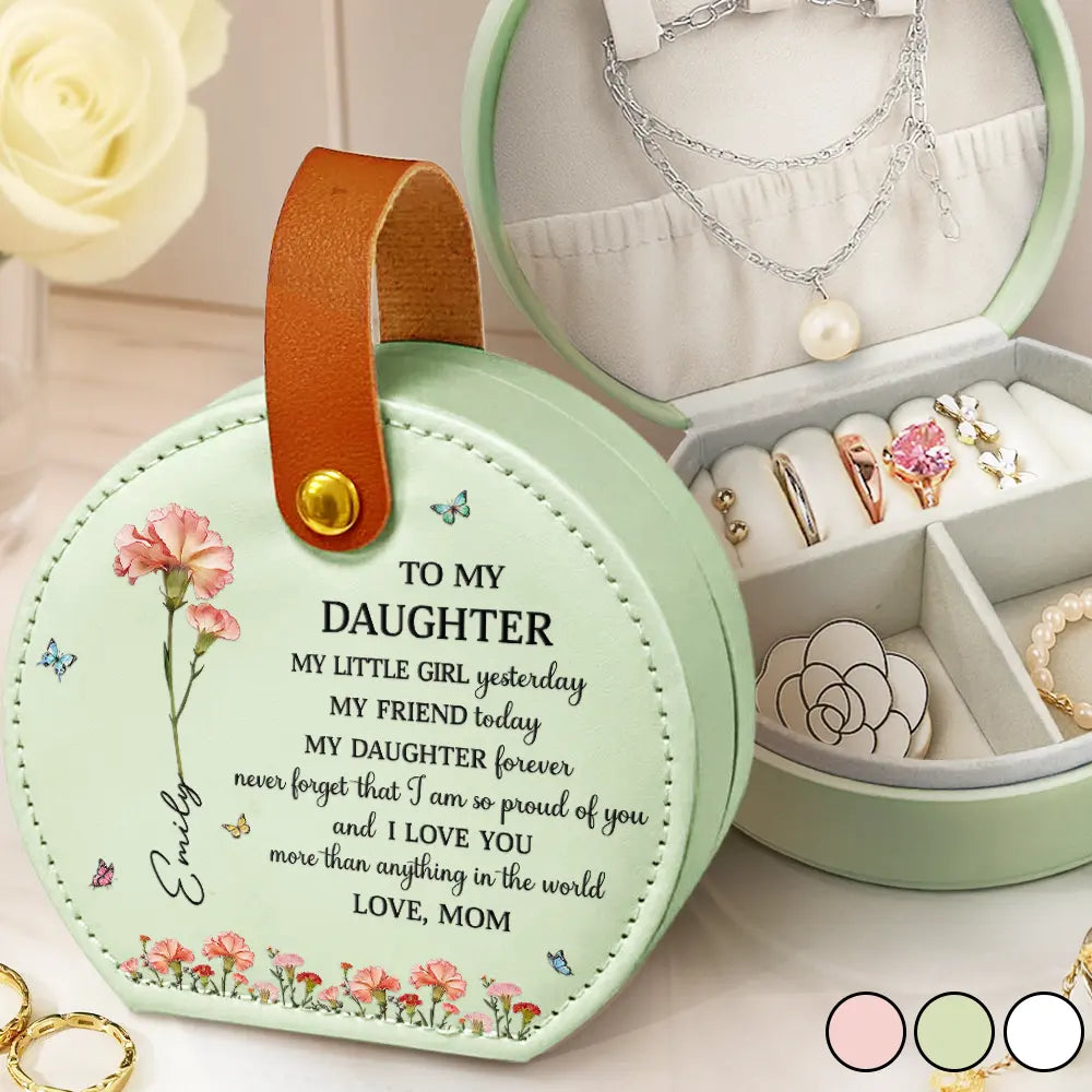 Gift For Daughter,Gift For Women,Happy - Faux Pressed Birth Flower My Daughter Forever - Personalized Jewelry Box With Handle