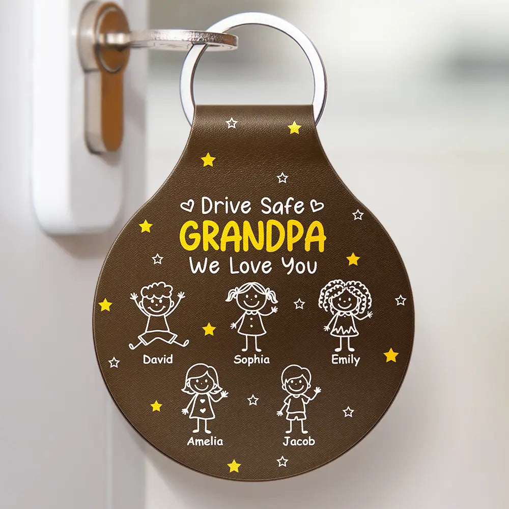 Gift For Father,Gift For Grandpa,Happy,Non-Eng,Icon - Stick Figures Drive Safe Daddy Grandpa - Personalized Custom Shaped Leather Keychain
