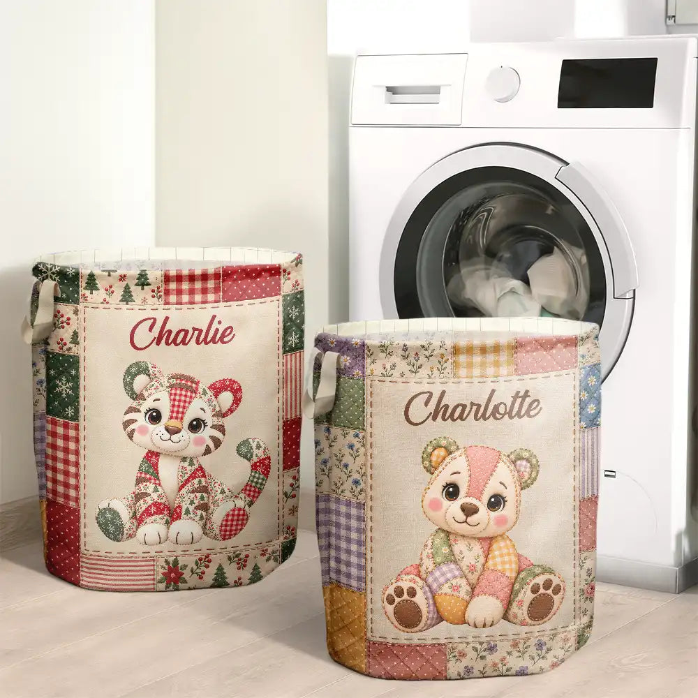 Adorable,Gift For Kids,Icon - Gift For Kids - Personalized Patchwork Animal And Name Laundry Basket, Storage Basket