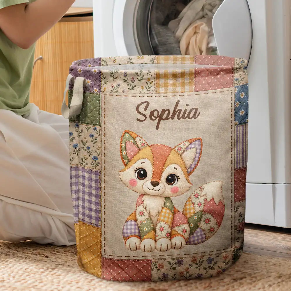 Adorable,Gift For Kids,Icon - Gift For Kids - Personalized Patchwork Animal And Name Laundry Basket, Storage Basket
