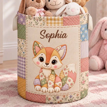 Gift For Kids - Personalized Patchwork Animal And Name Laundry Basket, Storage Basket