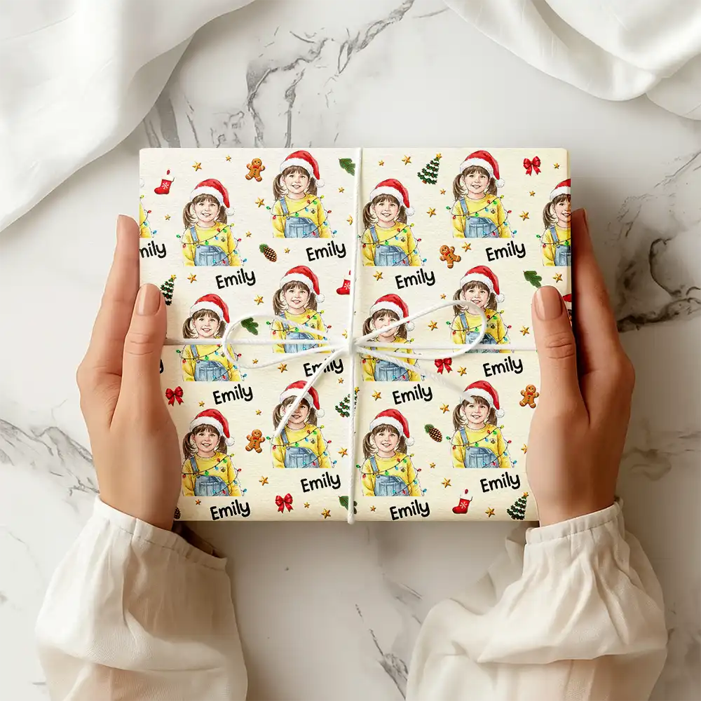 Art Design, Christmas, Custom Photo, Family, Happy, Photo - Portrait With Santa Hat & Christmas Lights - Christmas Gift Wrap For Family - Personalized Custom Photo Watercolor Portrait Wrapping Paper
