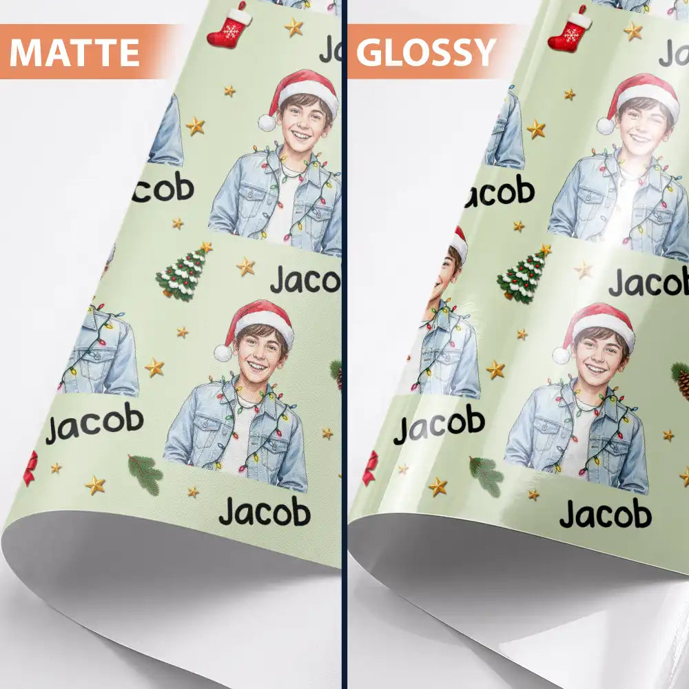 Art Design, Christmas, Custom Photo, Family, Happy, Photo - Portrait With Santa Hat & Christmas Lights - Christmas Gift Wrap For Family - Personalized Custom Photo Watercolor Portrait Wrapping Paper